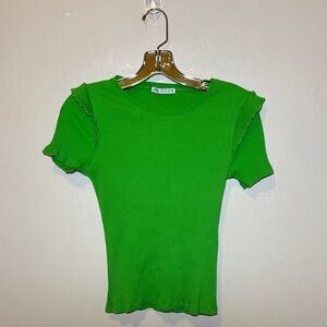 Zara Kelly Green Ribbed Ruffle Sleeve Top